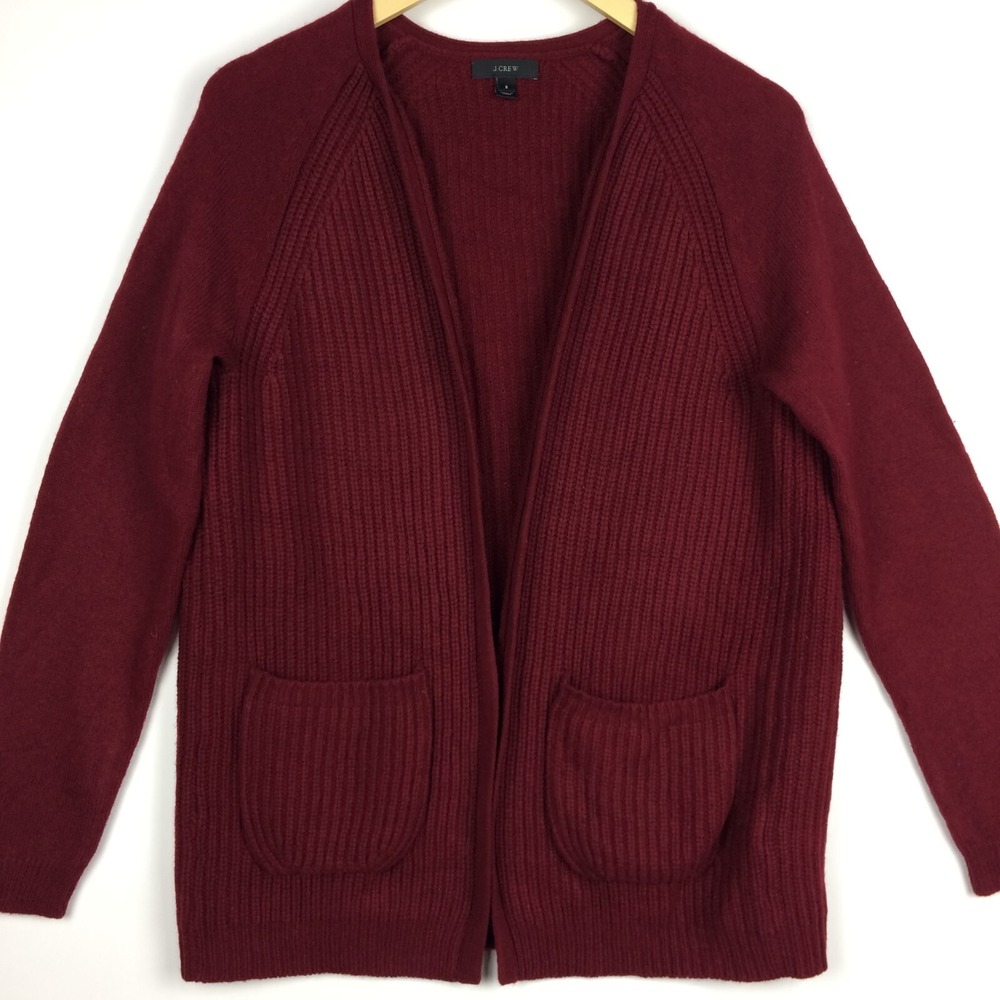 J Crew Sweater Womens Small Wool Burgundy Open Front Pockets Holidays Oversize